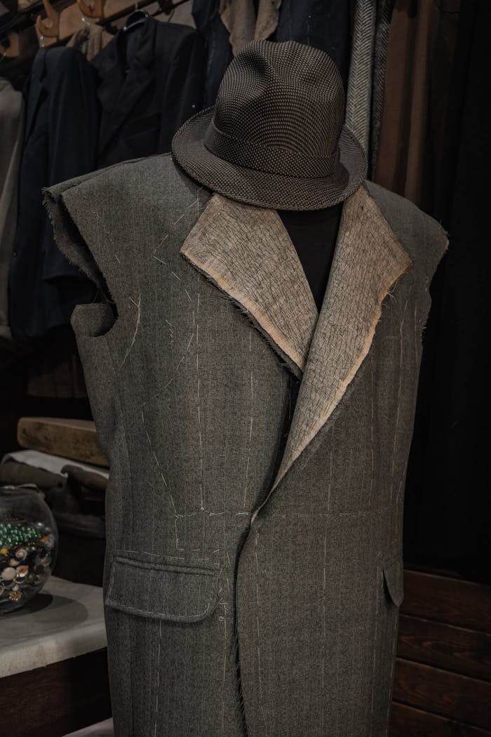 services-02 Close-up of a tailor's mannequin wearing an unfinished suit jacket and hat in workshop.