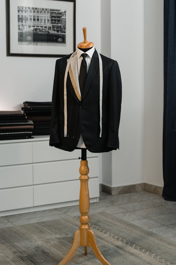 about-01 A stylish black suit jacket displayed on a mannequin with a measuring tape, showcasing bespoke tailoring in an elegant studio setting.