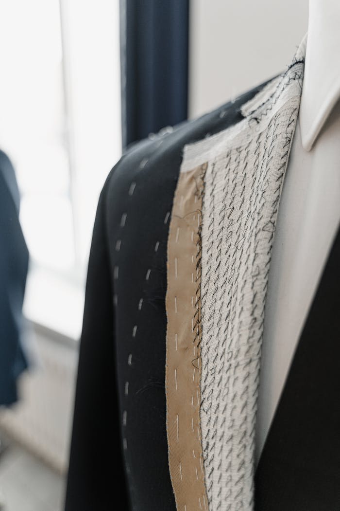 Detailed view of a custom tailored suit showcasing hand-stitching in a fashion studio.